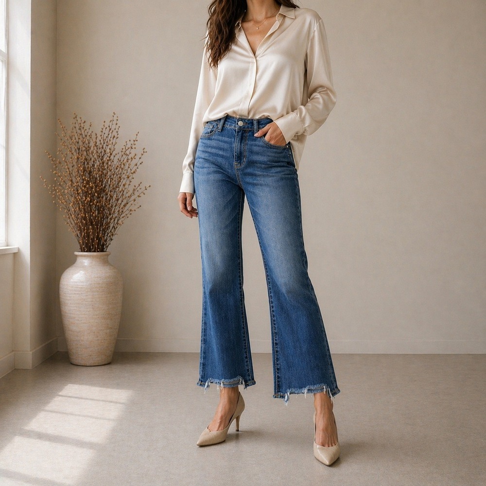Judy Blue Cropped Boot Flare Jeans Womens 26 Raw Hem Minimalist Capsule Wardrobe